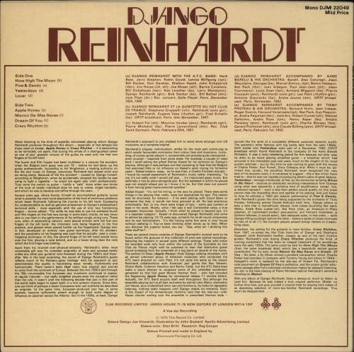 Django Reinhardt Django Reinhardt vinyl LP album (LP record) UK DR1LPDJ598938
