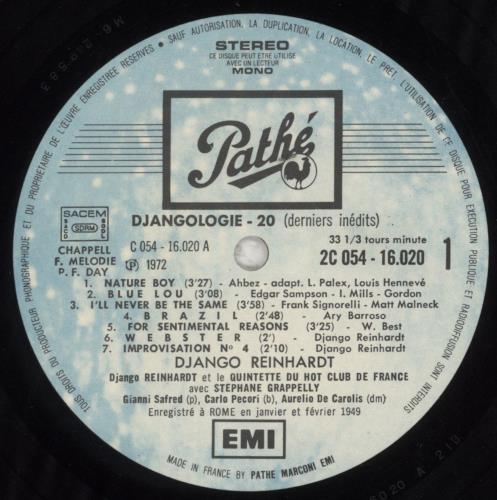 Django Reinhardt Djangologie 20 (1949) vinyl LP album (LP record) French DR1LPDJ857091