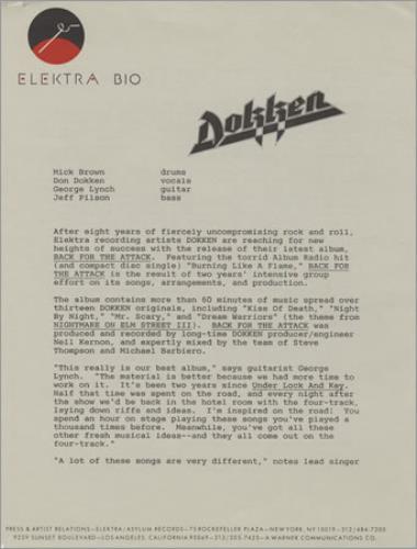 Dokken Back For The Attack media press pack US DOKPPBA399964