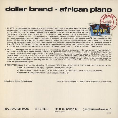 Dollar Brand African Piano vinyl LP album (LP record) German D~BLPAF812160