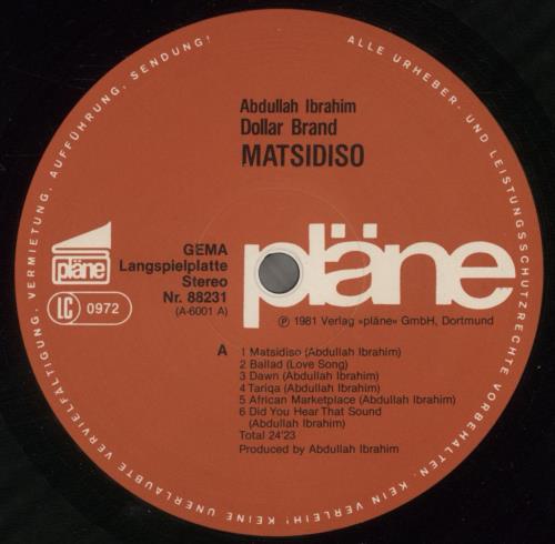 Dollar Brand Matsidiso vinyl LP album (LP record) German D~BLPMA857290