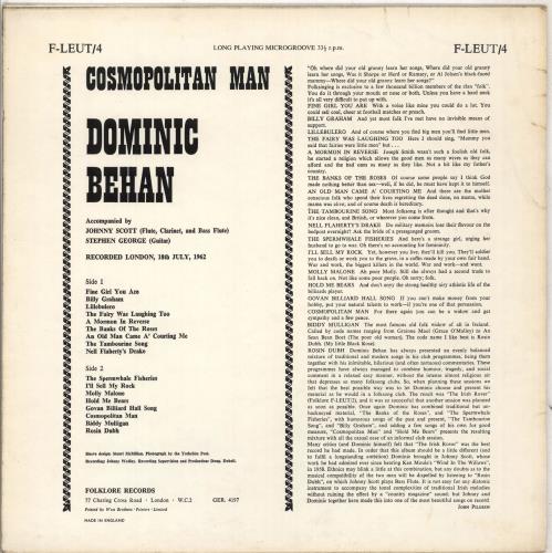 Dominic Behan Cosmopolitan Man vinyl LP album (LP record) UK EXMLPCO710238