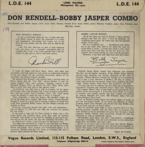 Don Rendell Don Rendell - Bobby Jaspar Combo In Paris 10" vinyl single (10 inch record) UK D2X10DO649222
