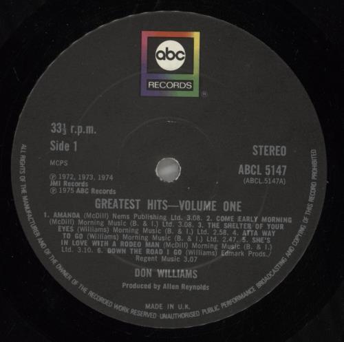 Don Williams Greatest Hits Volume 1 vinyl LP album (LP record) UK DWMLPGR314388
