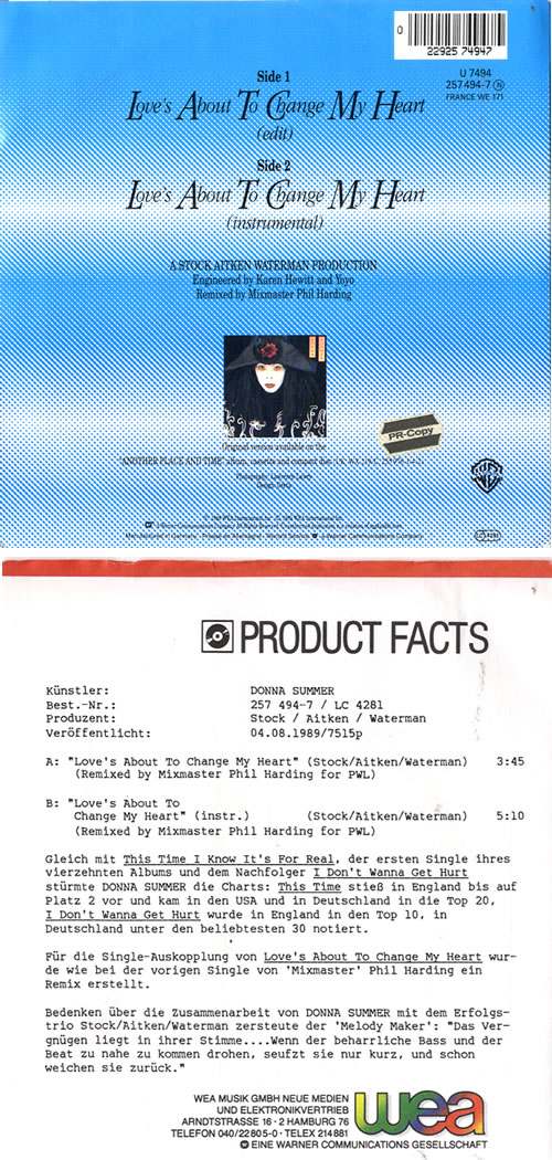 Donna Summer Love's About To Change My Heart 7" vinyl single (7 inch record / 45) German SUM07LO603480