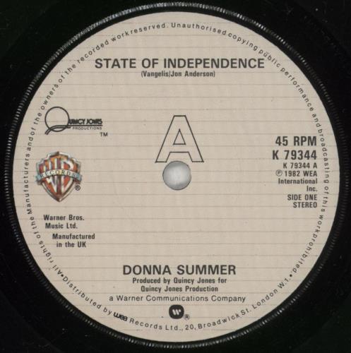 Donna Summer State Of Independence 7" vinyl single (7 inch record / 45) UK SUM07ST45182