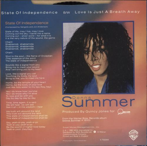 Donna Summer State Of Independence 7" vinyl single (7 inch record / 45) UK SUM07ST45182