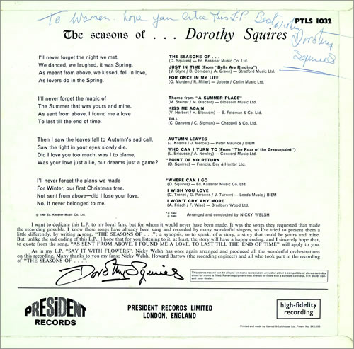 Dorothy Squires The Seasons Of ... - Autographed vinyl LP album (LP record) UK DE6LPTH457470