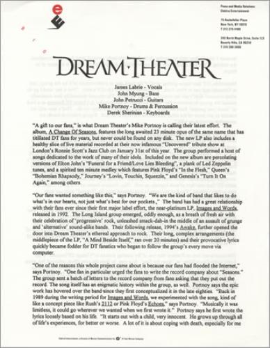 Dream Theater A Change Of Seasons media press pack US DRTPPAC205032