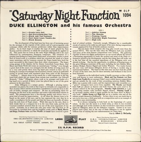 Duke Ellington Saturday Night Function 10" vinyl single (10 inch record) UK DA310SA781161