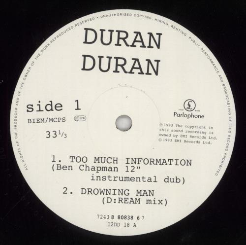Duran Duran Too Much Information 12" vinyl single (12 inch record / Maxi-single) UK DDN12TO21761