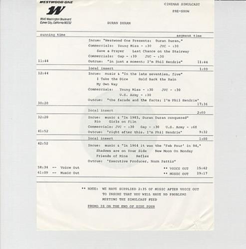 Duran Duran Westwood One: Simulcast Special vinyl LP album (LP record) US DDNLPWE336919