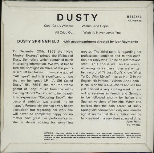 Dusty Springfield Dusty EP 7" vinyl single (7 inch record / 45) UK DUS07DU208982