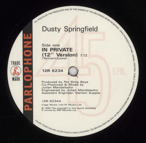 Dusty Springfield In Private 12" vinyl single (12 inch record / Maxi-single) UK DUS12IN36122