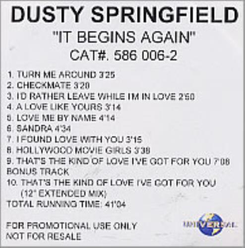 Dusty Springfield It Begins Again CD-R acetate UK DUSCRIT208262