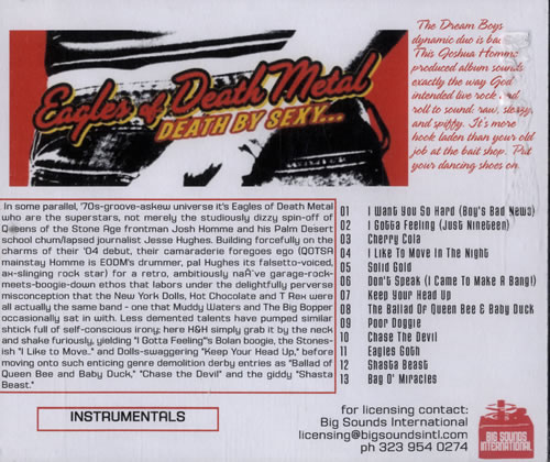 Eagles Of Death Metal Death By Sexy... - Instrumentals CD-R acetate US EAMCRDE465104
