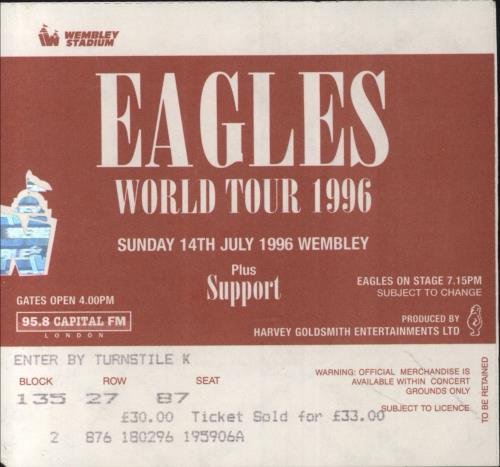 Eagles 1996 World Tour + Ticket Stub tour programme UK EAGTRWO485307