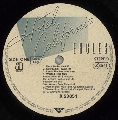 Eagles Hotel California - sample sticker vinyl LP album (LP record) German EAGLPHO875304