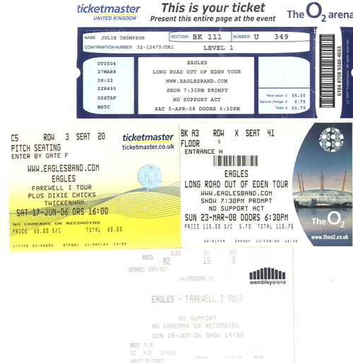 Eagles Set of 4 Ticket Stubs concert ticket UK EAGTISE580510