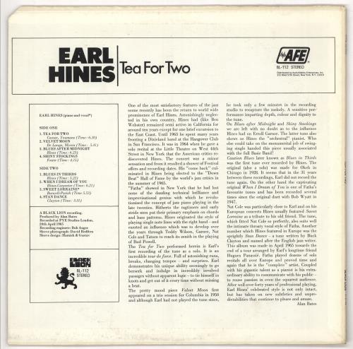 Earl Hines Tea For Two vinyl LP album (LP record) US ER1LPTE721946