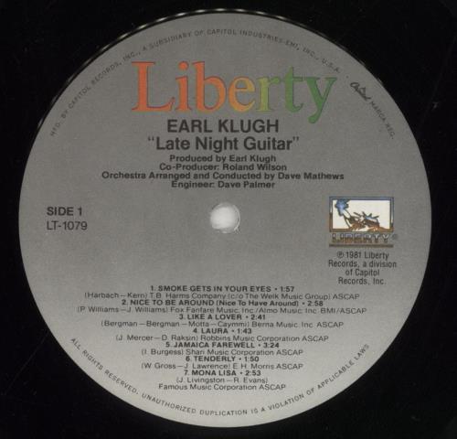 Earl Klugh Late Night Guitar vinyl LP album (LP record) US EAQLPLA495676