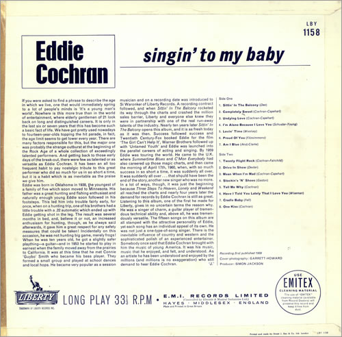 Eddie Cochran Singin' To My Baby vinyl LP album (LP record) UK EDCLPSI185382