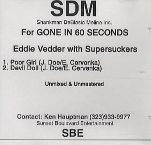 Eddie Vedder For Gone In 60 Seconds CD-R acetate US EB6CRFO327610