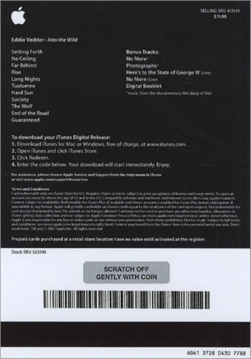 Eddie Vedder Into The Wild - iTunes memorabilia US EB6MMIN417745