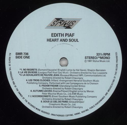 Edith Piaf Heart And Soul vinyl LP album (LP record) UK EPFLPHE416349