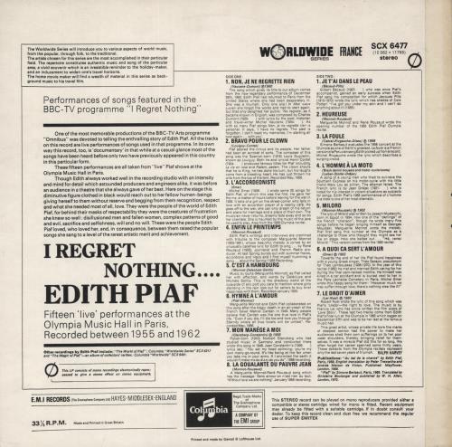 Edith Piaf I Regret Nothing vinyl LP album (LP record) UK EPFLPIR636727