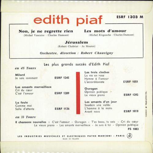 Edith Piaf Non, Je Ne Regrette Rien 7" vinyl single (7 inch record / 45) French EPF07NO770227