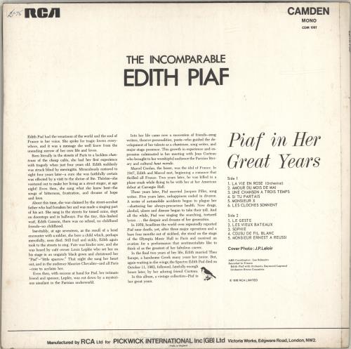 Edith Piaf The Incomparable Edith Piaf vinyl LP album (LP record) UK EPFLPTH698174