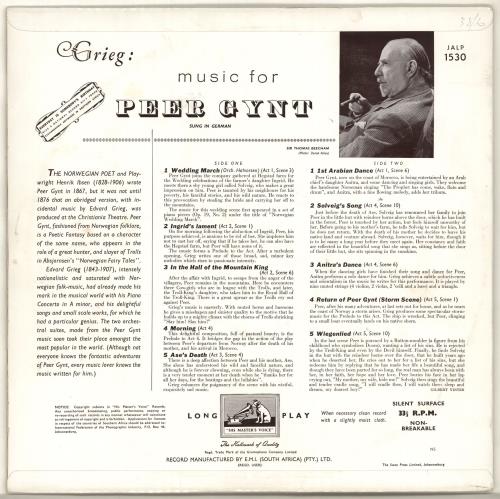 Edvard Grieg Music For Peer Gynt vinyl LP album (LP record) South African 1GRLPMU702083