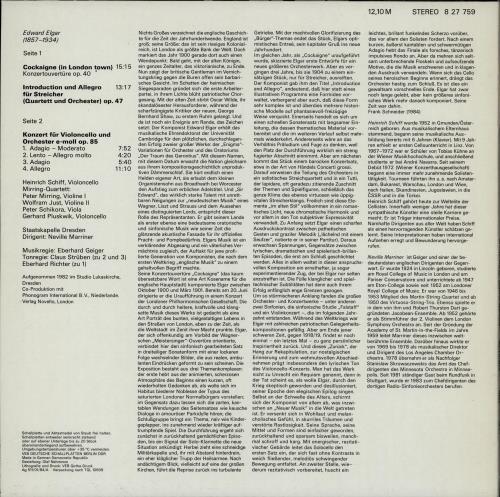 Edward Elgar Cockaigne / Introduction Und Allegro / Konzert F�r Violoncello Und Orchester vinyl LP album (LP record) German EFDLPCO764759