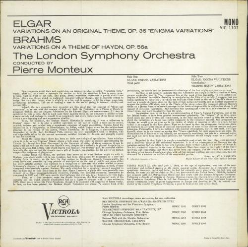 Edward Elgar Enigma Variations / Brahms: Haydn Variations vinyl LP album (LP record) UK EFDLPEN782638