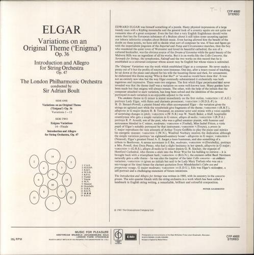 Edward Elgar Enigma Variations / Introduction & Allegro For Strings vinyl LP album (LP record) UK EFDLPEN526528