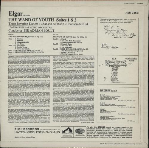 Edward Elgar The Wand of Youth Suites 1 & 2 / Chanson de Nuit / Chanson de Matin / Three Bavarian Dances vinyl LP album (LP record) UK EFDLPTH761985