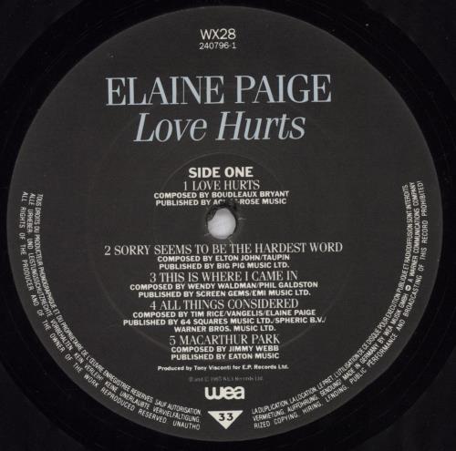Elaine Paige Love Hurts vinyl LP album (LP record) UK EPGLPLO418255