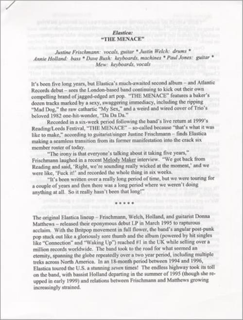 Elastica The Menace media press pack US ELAPPTH165359