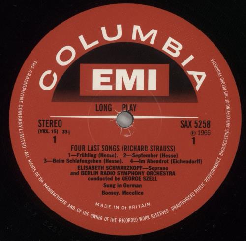 Elisabeth Schwarzkopf Richard Strauss: Four Last Songs - 180 Gram Vinyl vinyl LP album (LP record) UK EOMLPRI880463