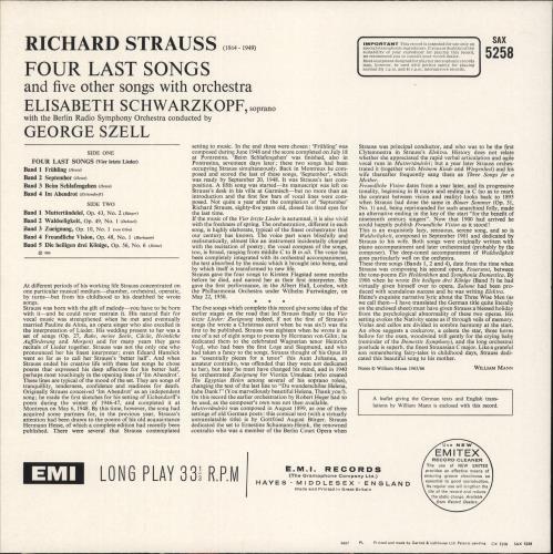 Elisabeth Schwarzkopf Richard Strauss: Four Last Songs - 180 Gram Vinyl vinyl LP album (LP record) UK EOMLPRI880463
