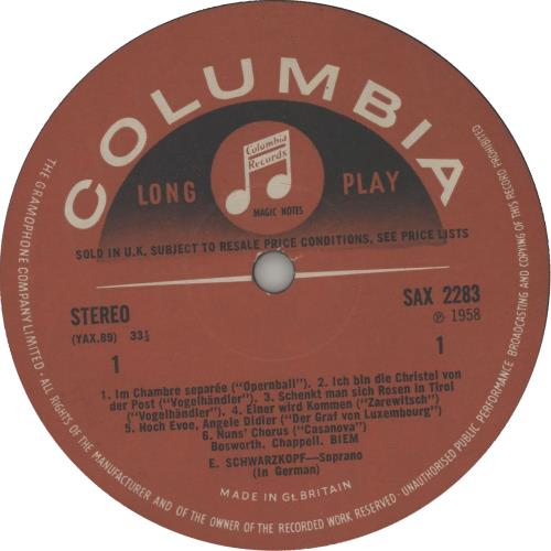 Elisabeth Schwarzkopf Sings Operetta - 2nd vinyl LP album (LP record) UK EOMLPSI656475