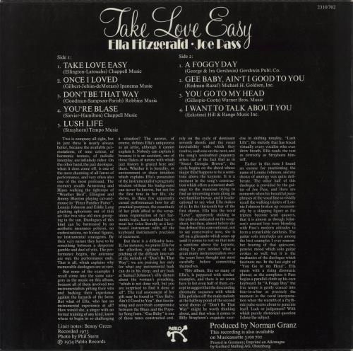 Ella Fitzgerald Take Love Easy vinyl LP album (LP record) German EFZLPTA363051