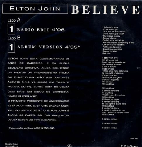 Elton John Believe 12" vinyl single (12 inch record / Maxi-single) Brazilian JOH12BE318855