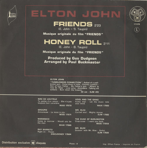 Elton John Friends 7" vinyl single (7 inch record / 45) French JOH07FR215749