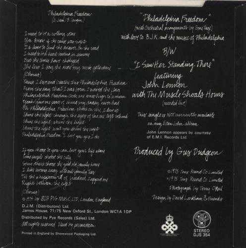 Elton John Philadelphia Freedom - P/S 7" vinyl single (7 inch record / 45) UK JOH07PH34665