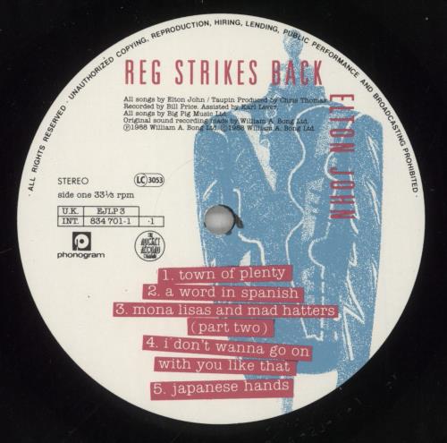 Elton John Reg Strikes Back vinyl LP album (LP record) UK JOHLPRE245299