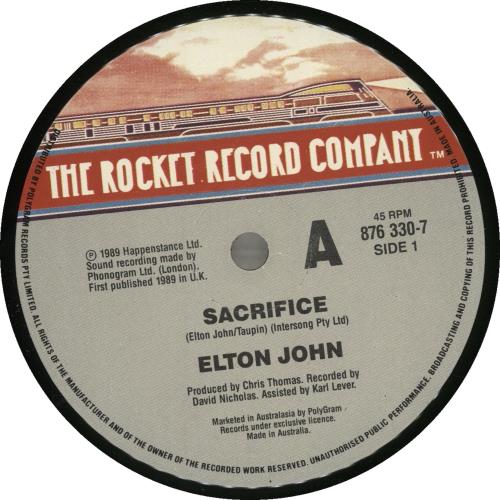 Elton John Sacrifice 7" vinyl single (7 inch record / 45) Australian JOH07SA59283