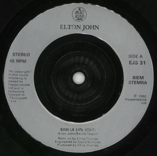 Elton John Simple Life (Edit) 7" vinyl single (7 inch record / 45) UK JOH07SI99745