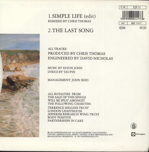 Elton John Simple Life (Edit) 7" vinyl single (7 inch record / 45) UK JOH07SI99745